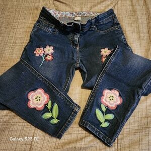 Mini Boden Blue Skinny Jeans with Pink Florals And Blue Birds Embroidery
